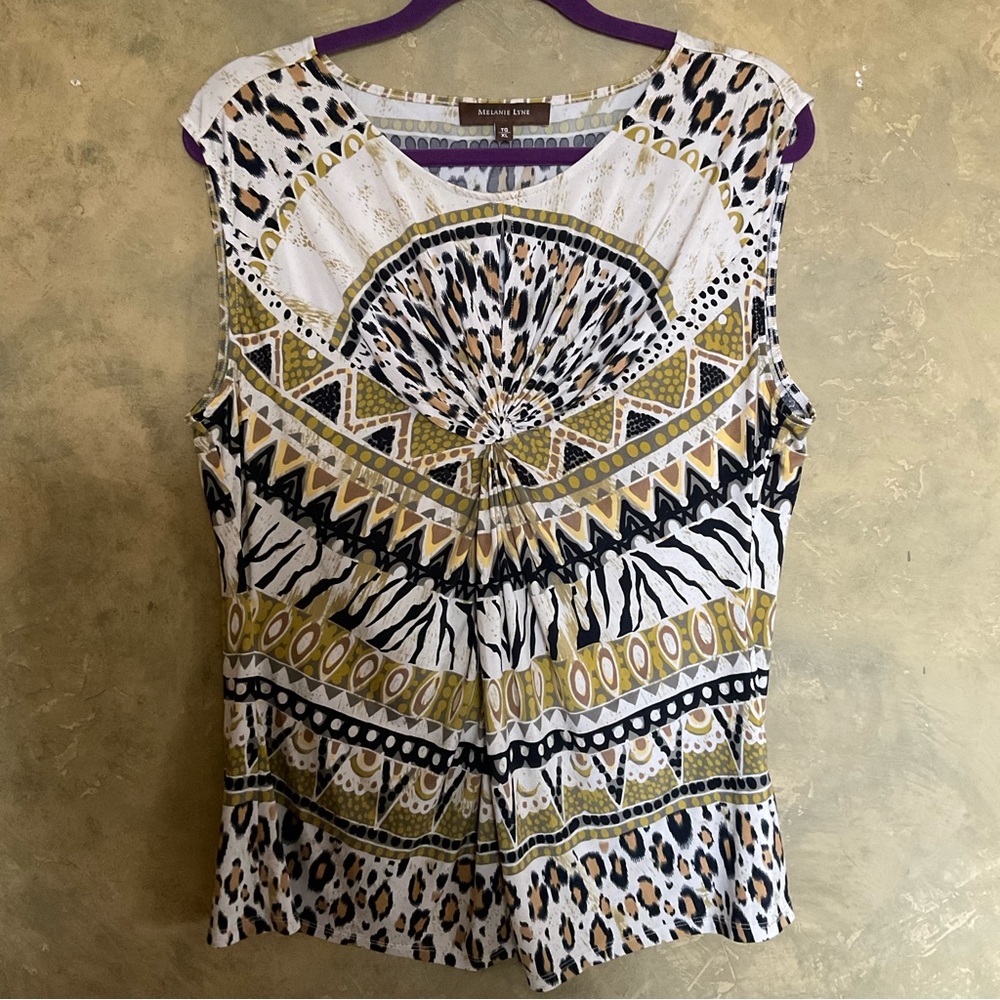 Melanie Lyne Mixed Animal Print Twist Front Top Sleeveless Blouse Mob Wife XL